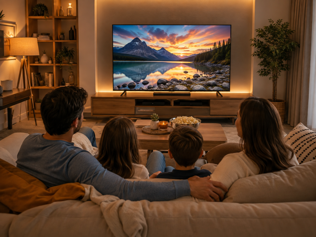 Família assistindo uma das melhores TVs 50 polegadas em sala de estar
